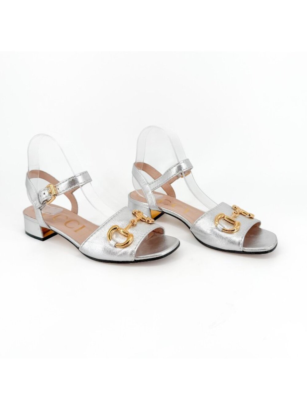 Gucci Baby Horsebit Sandals Metallic Silver Leather Size 38.5 US 8.5 Women Flat